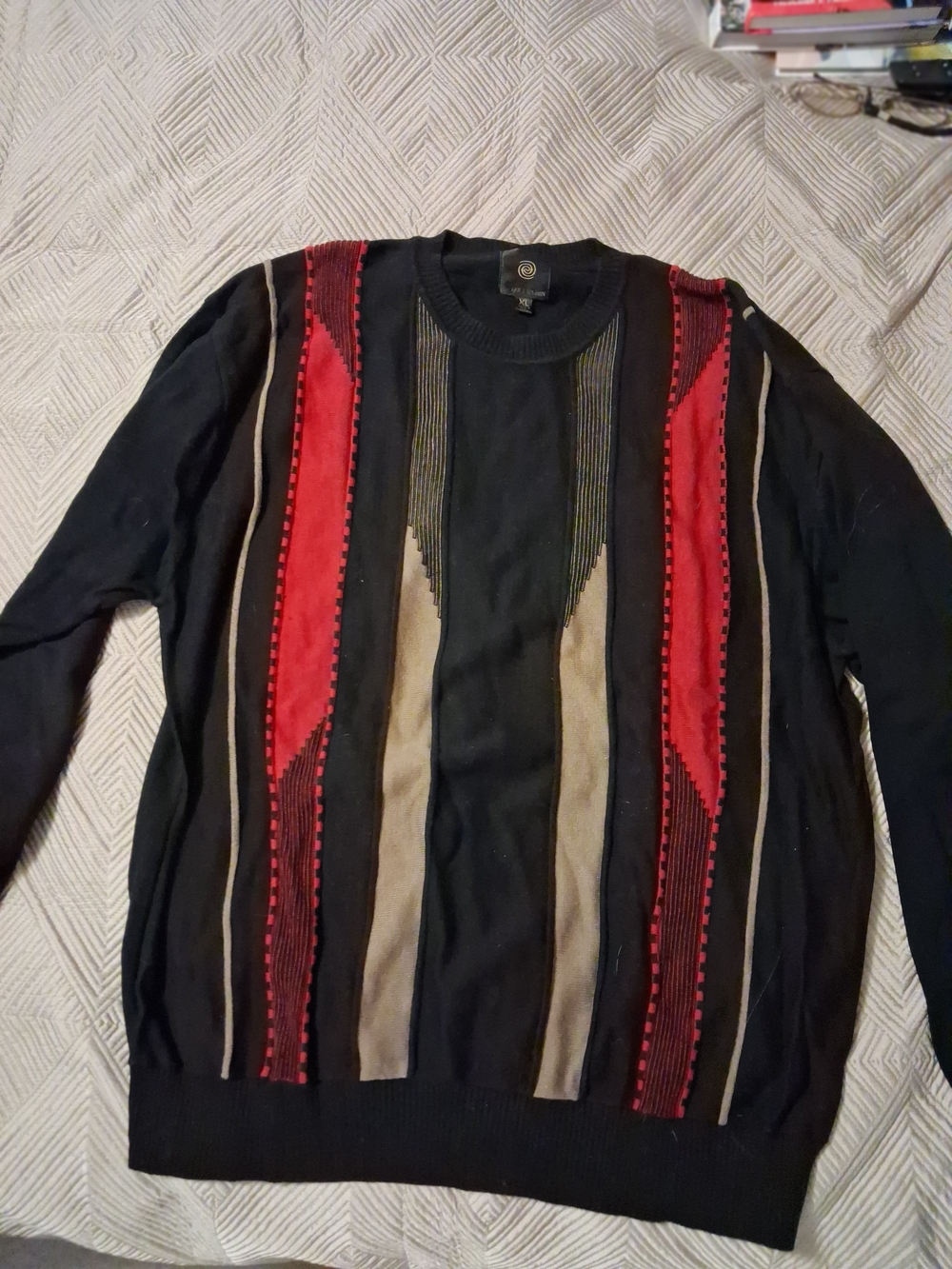 Men's Black Crewneck Sweater with Red & Tan Stripe Accents